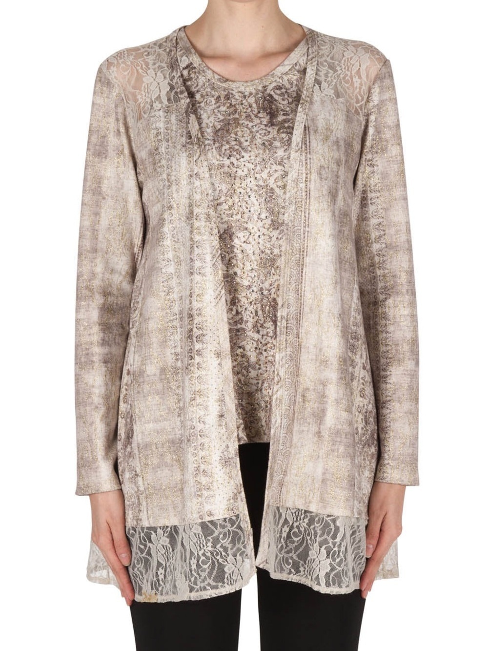 Joseph Ribkoff Beige/Taupe Open Cardigan Lace Trim Style 181657